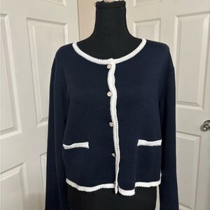 Navy Blue Contrast-Trim Women's Sweater Cardigan